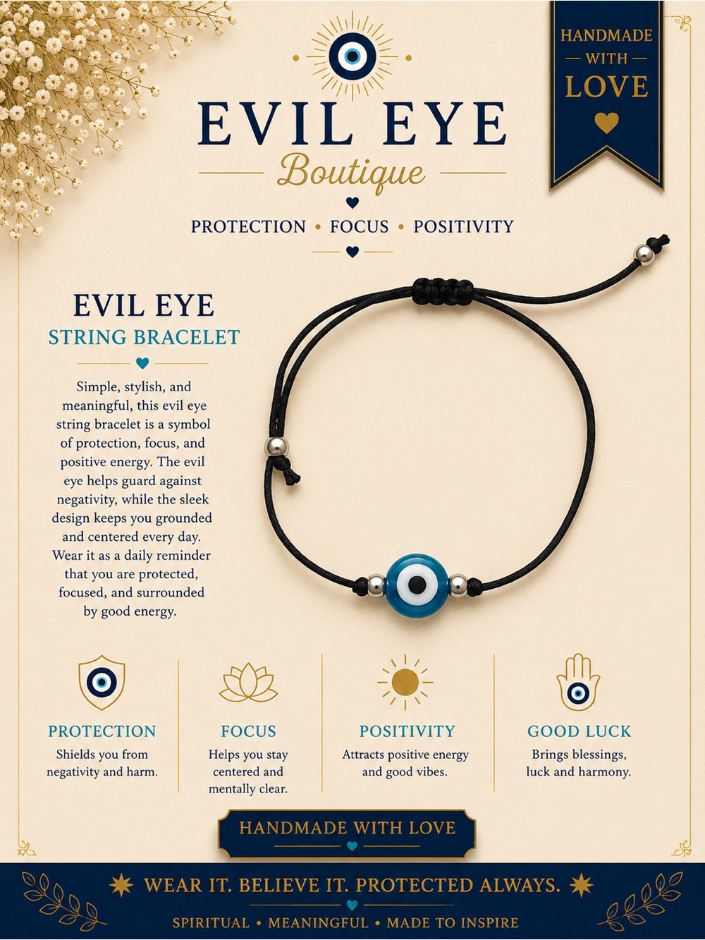 Evil Eye Boutique String Bracelet - Black Cord with Blue Eye #50